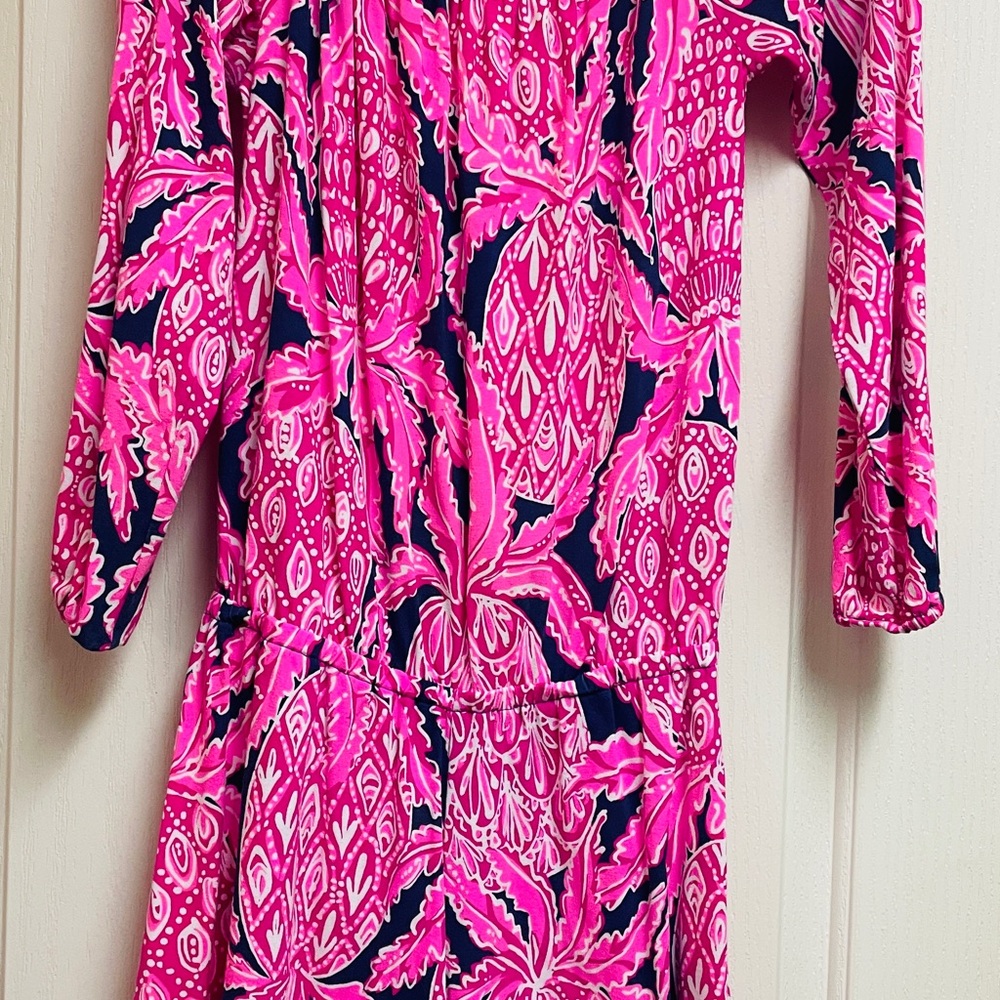 Vibrant Pink and Blue Patterned off shoulder romper / shorts